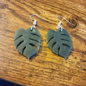 Emerald green monstera leaf earrings